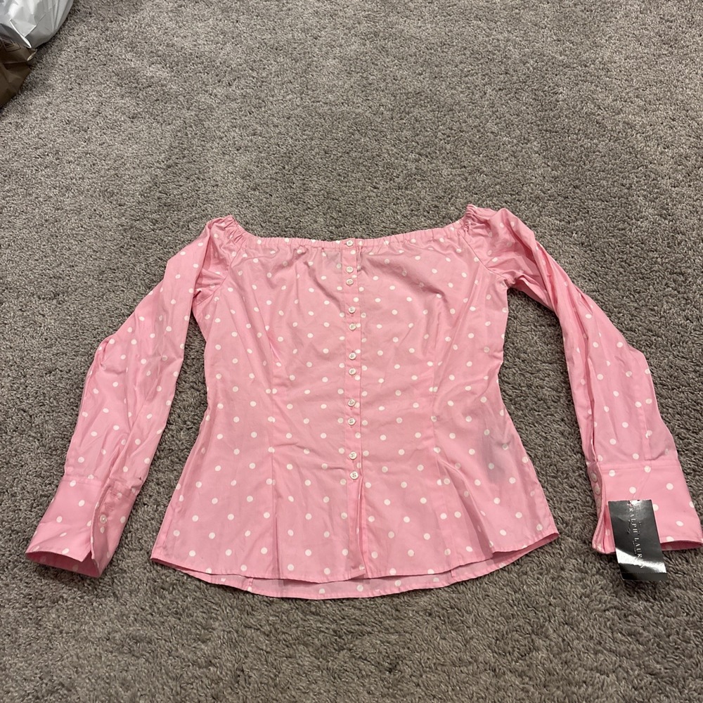 Ralph Lauren Black Label Women's Top Shirt Pink White Polka Dot Button Up Sz 10